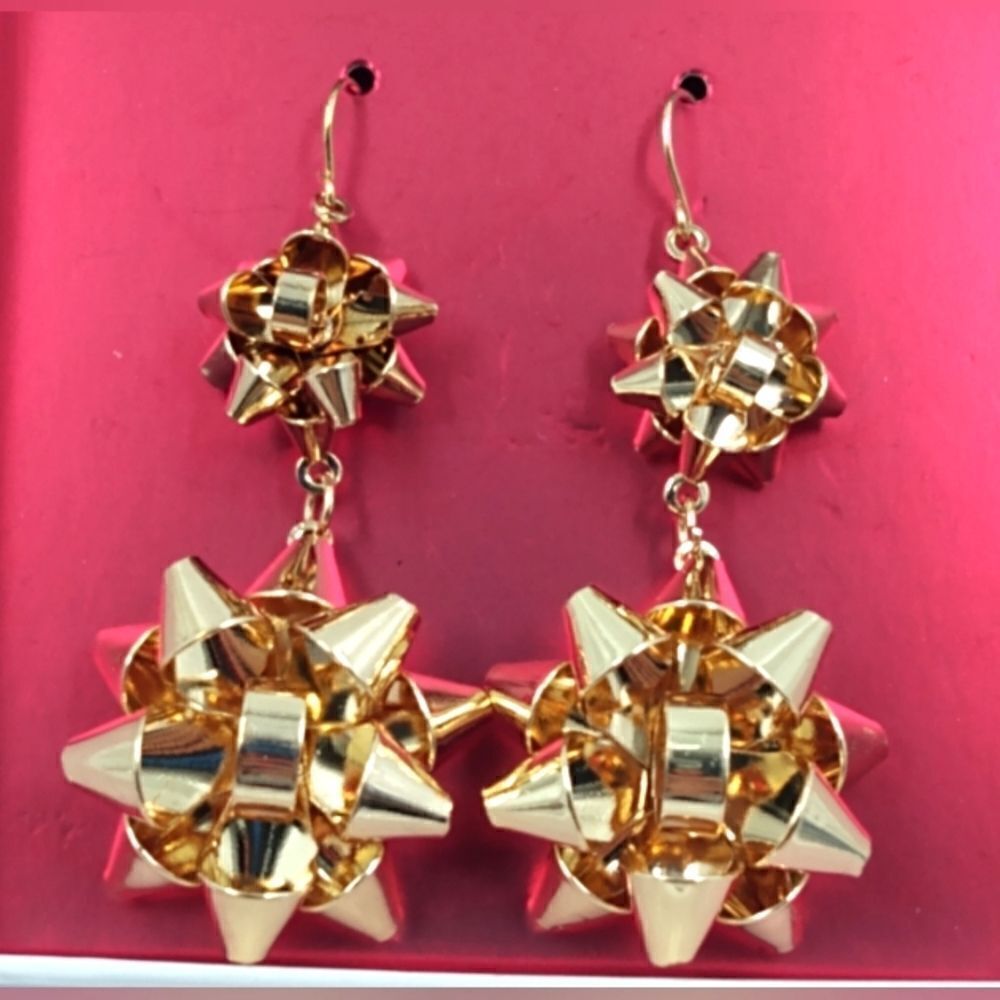 Christmas Gold Bow Dangle Earrings Jewelry Holiday New